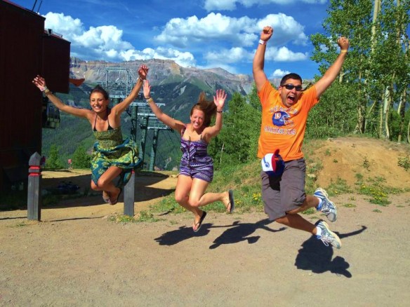 Jumping like children at the top of the mountain. True happiness.